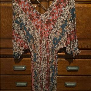 ODDY Floral V-Neck Boho Tunic Dress - Rust, Teal & Cream